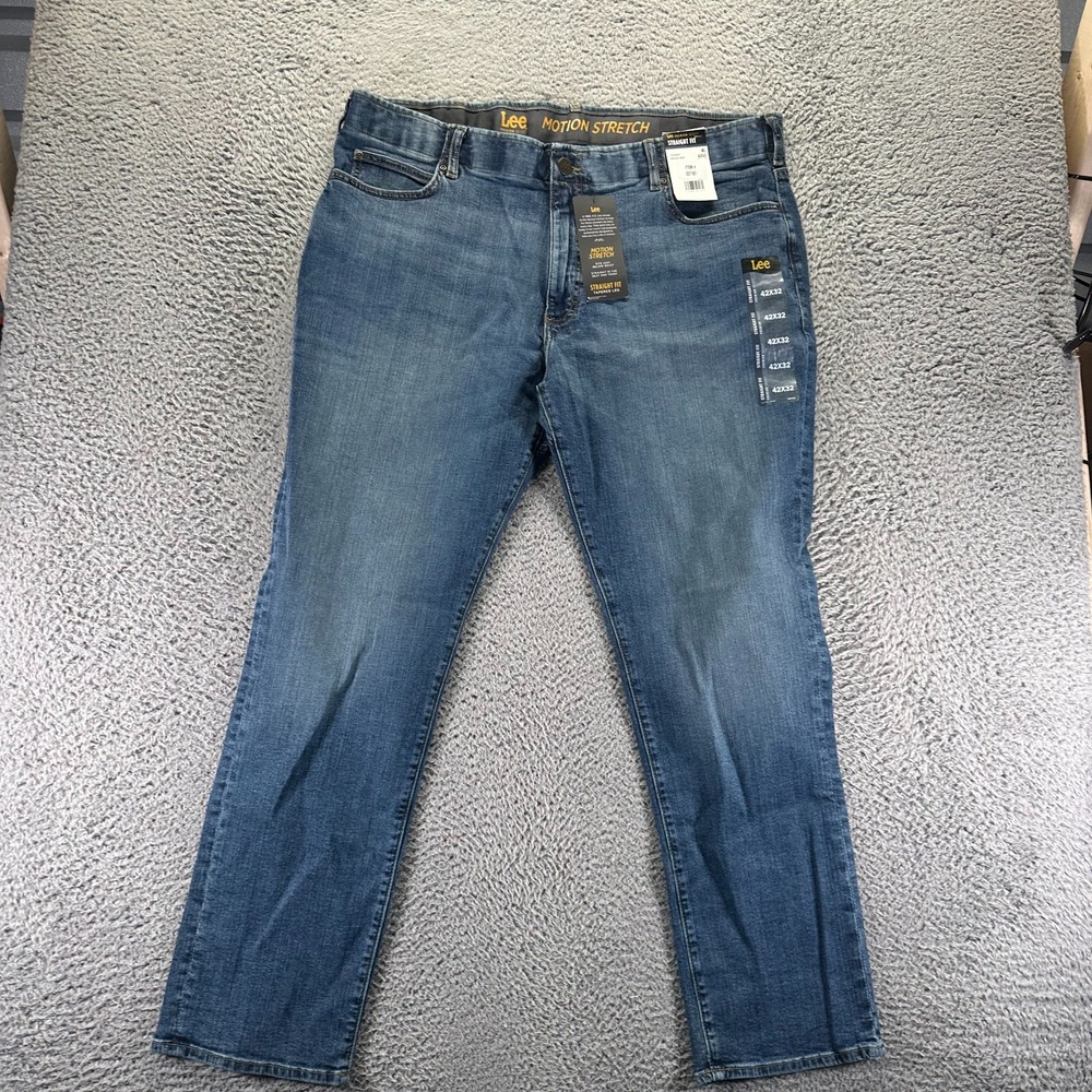 Lee Motion Jeans Mens 42x32 Blue Cotton Denim Tapered Leg Workwear Faded Stretch
